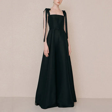 Runhufu Black Elegant Sleeveless Satin Vestido De Noiva Classic Spaghetti Straps Floor-length Wedding Dress A-line Robe De Mariee